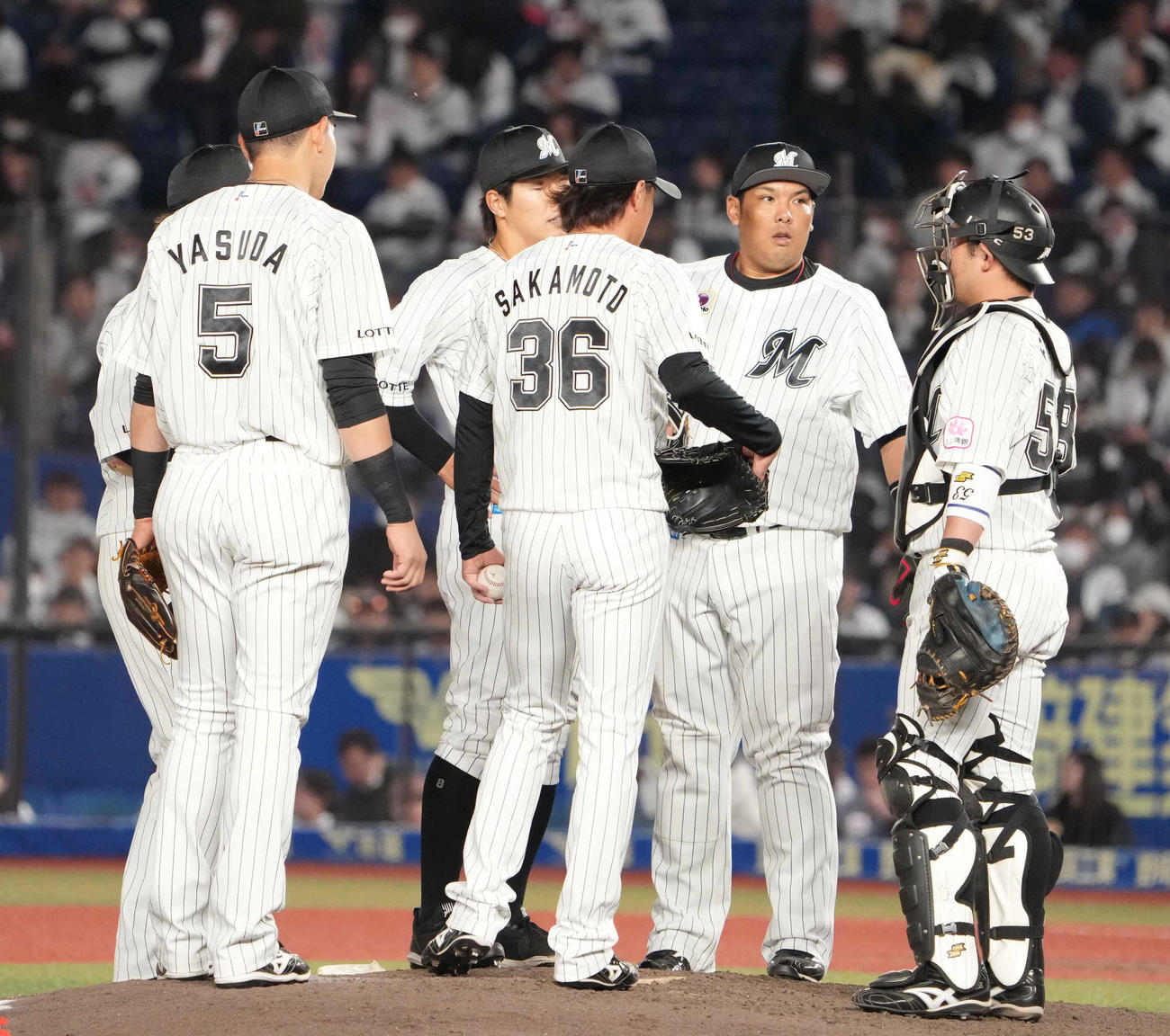 ロッテ対西武　7回表西武1死一、三塁、3番手で登板した坂本（中央）を激励するロッテナイン（撮影・小沢裕）