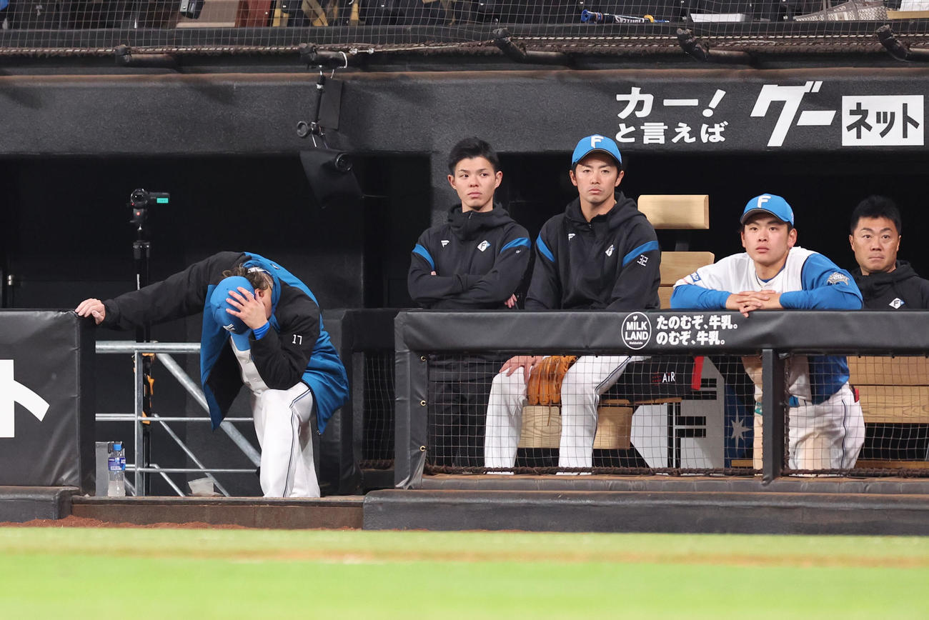 日本ハム対オリックス　6回表、逆転を許しベンチで頭を抱える伊藤（撮影・佐藤翔太）