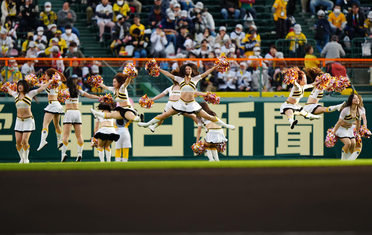 阪神対巨人　試合前、パフォーマンスする阪神「タイガースガールズ」（撮影・江口和貴）