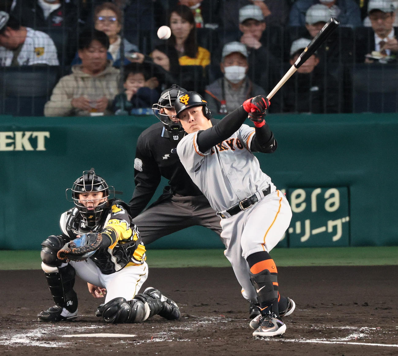 阪神対巨人　3回表巨人無死二塁、岡本和は中前適時打を放つ（撮影・上山淳一）
