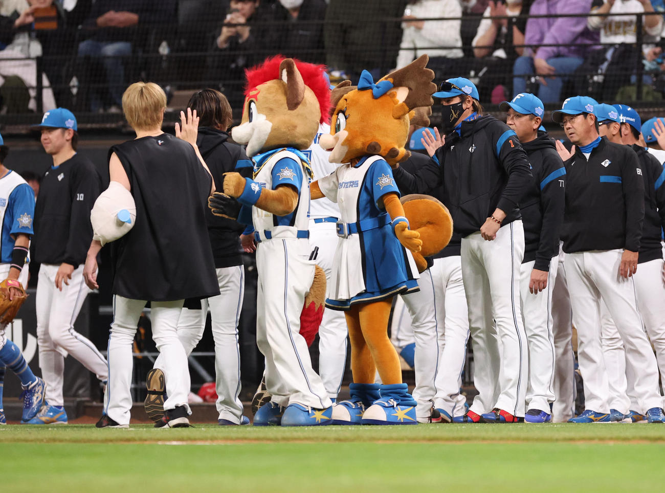 日本ハム対オリックス　日本ハムナインを出迎える新庄監督（中央右）（撮影・佐藤翔太）
