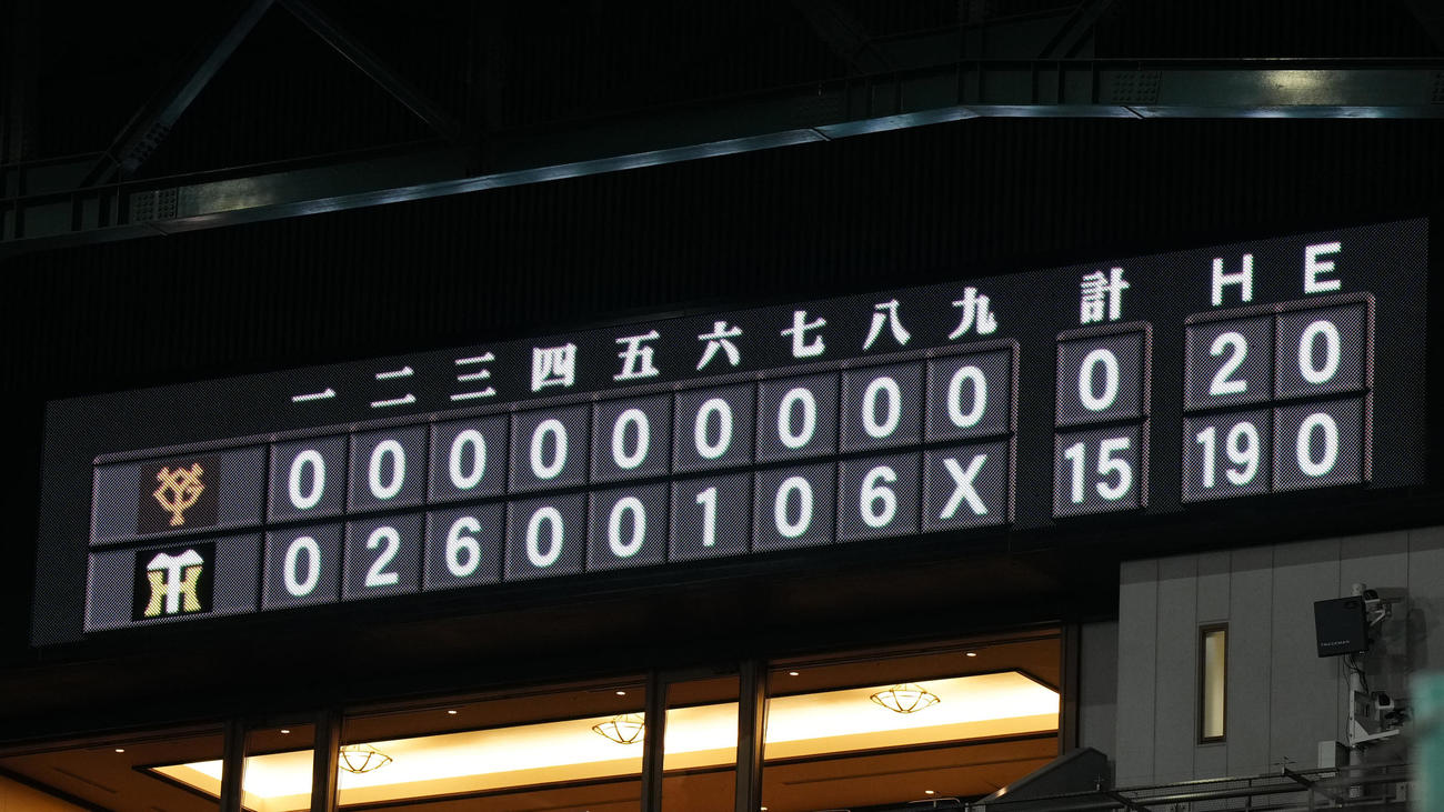 阪神対巨人　阪神が19安打15点で大勝したスコアボード（撮影・江口和貴）
