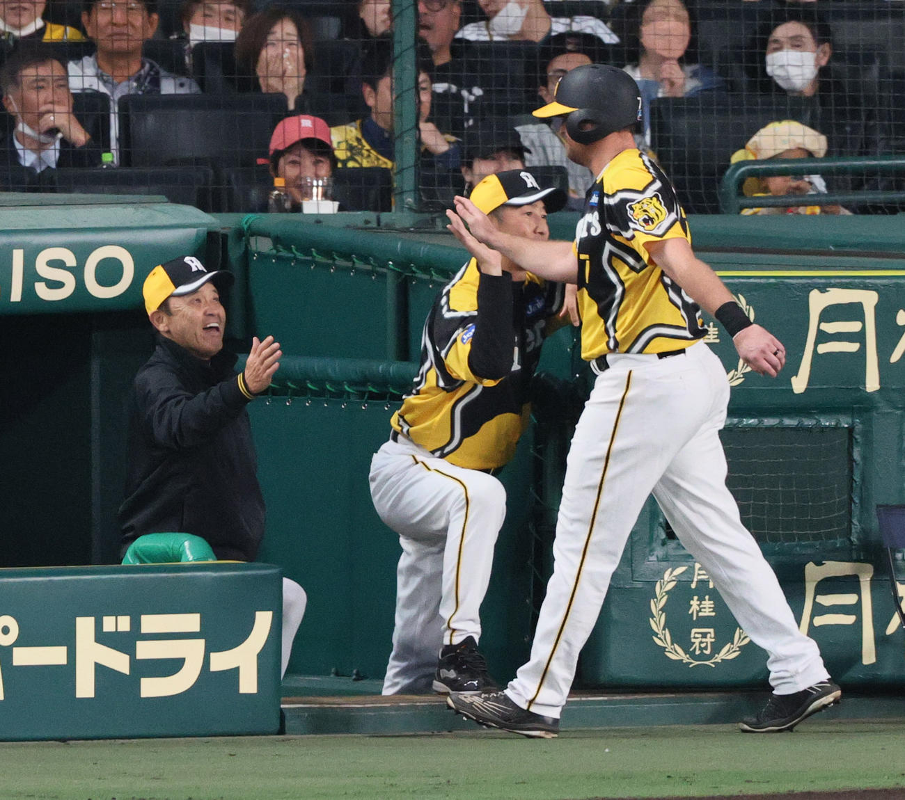 阪神対巨人　3回裏阪神無死満塁、井上の左2点適時二塁打で生還のノイジー（右）を笑顔で出迎える岡田監督（左）（撮影・上山淳一）