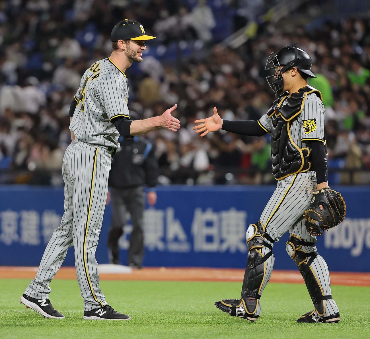 ヤクルト対阪神　ヤクルトに勝利し坂本（右）と笑顔で握手するK・ケラー（撮影・上田博志）