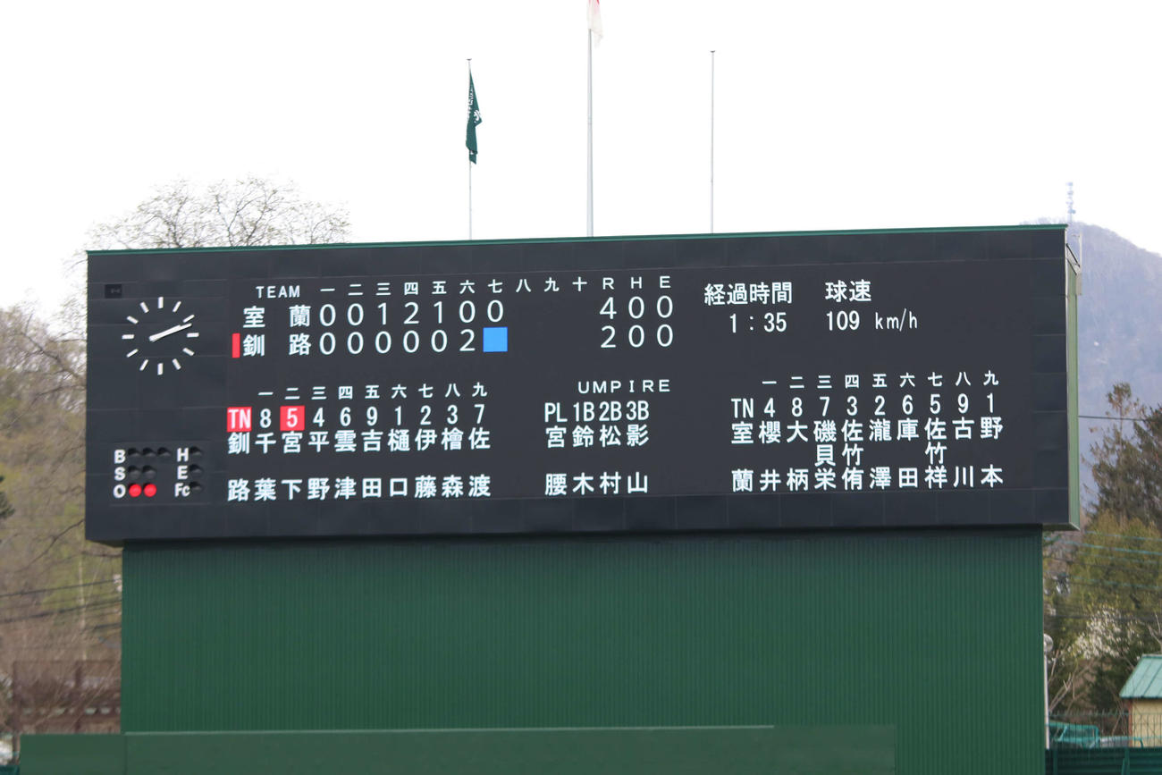 28年ぶりにリニューアルされ、29日から運用を開始した札幌円山球場のスコアボード（撮影・山崎純一）