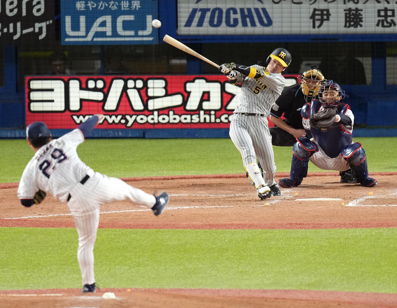 ヤクルト対阪神　5回表阪神2死一、二塁、右前適時打を放つ近本。投手小川（撮影・狩俣裕三）
