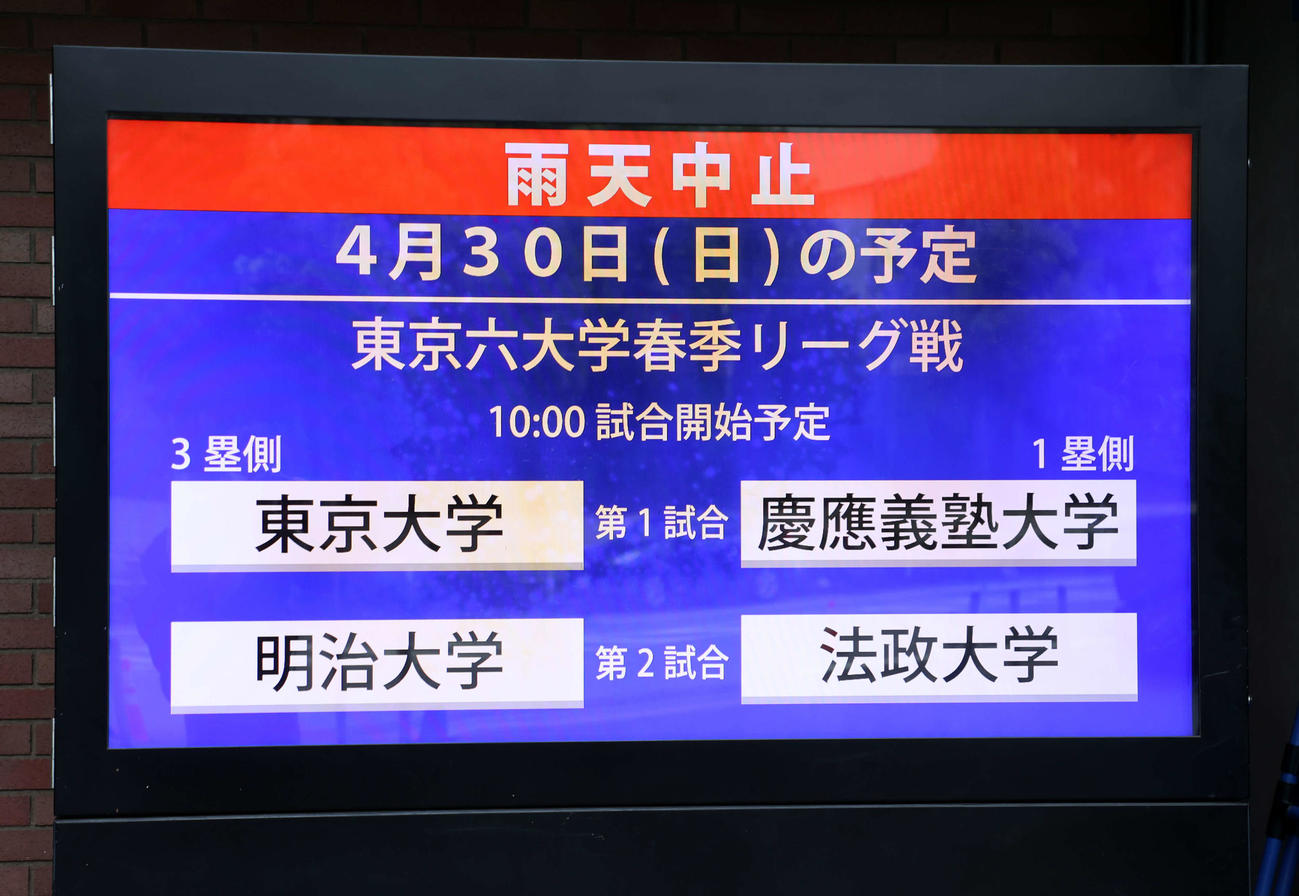 30日の6大学野球春季リーグ戦は雨天中止になった（撮影・鈴木正人）