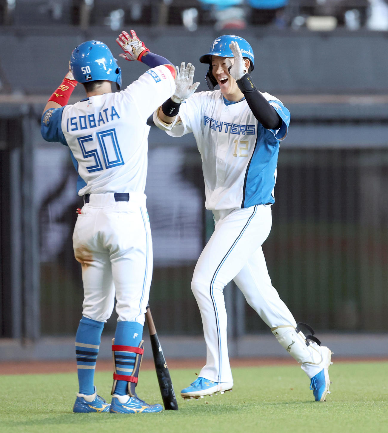 日本ハム対ソフトバンク　6回裏日本ハム無死、プロ初となる右越え本塁打を放ち五十幡（左手前）とハイタッチをする矢沢（撮影・佐藤翔太）