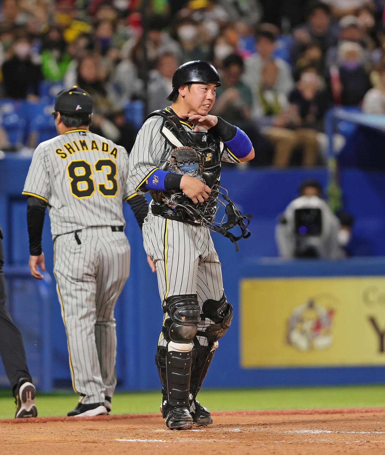 ヤクルト対阪神　2回、投球が当たり、のどの辺りを痛そうにする阪神梅野（撮影・足立雅史）