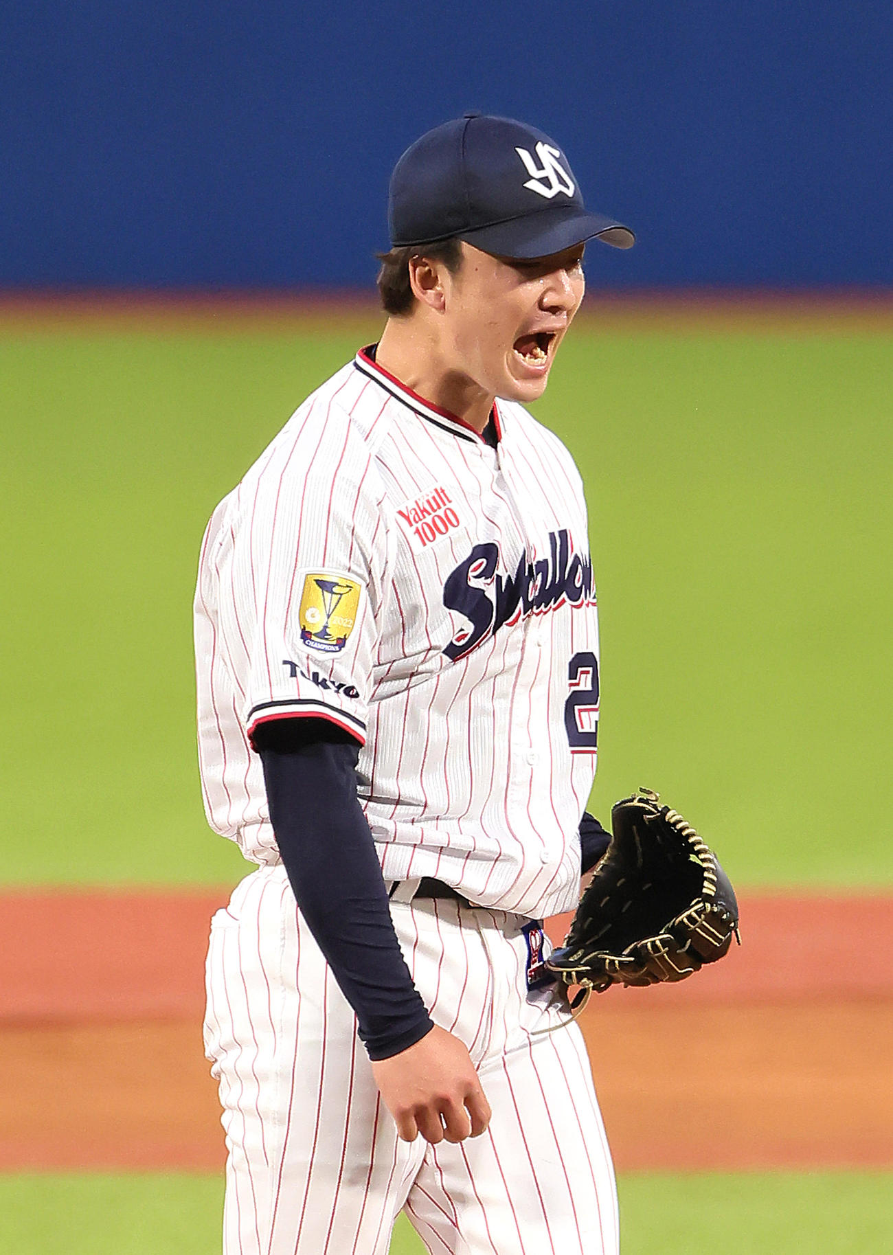 ヤクルト対阪神　1回表阪神2死満塁、井上を空振り三振に仕留め雄たけびを上げる吉村（撮影・足立雅史）