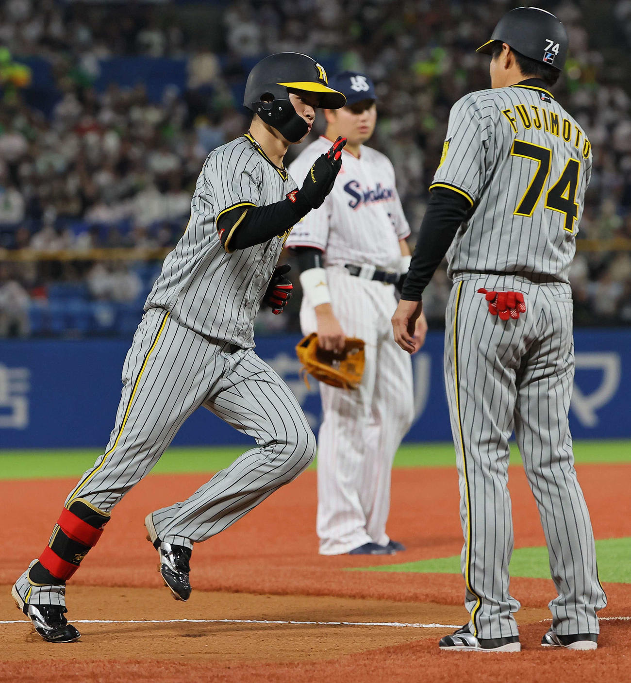 ヤクルト対阪神　6回表阪神1死、中野（左）は右越えソロ本塁打を放ち藤本コーチとハイタッチする（撮影・上田博志）