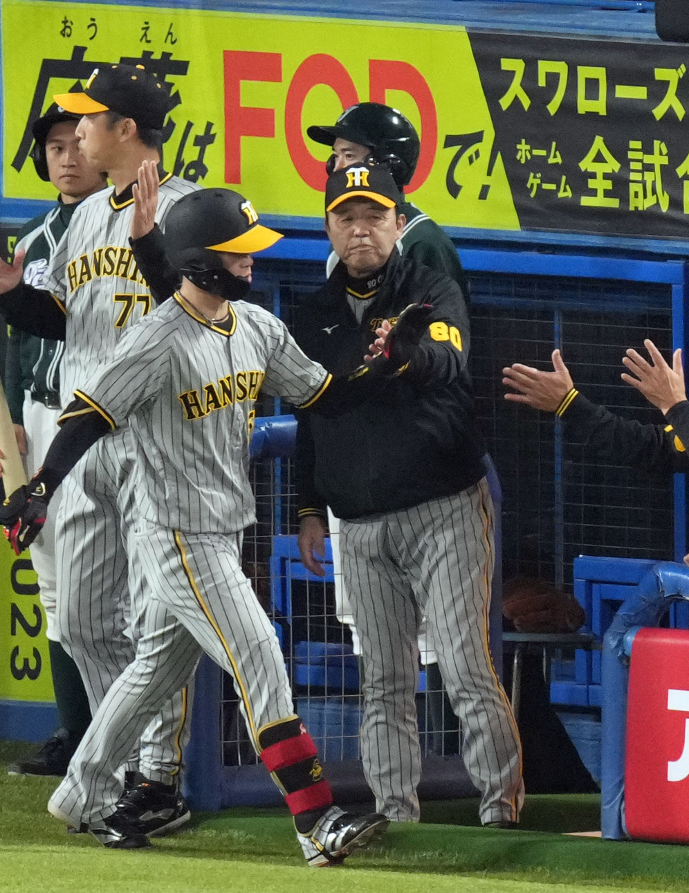 ヤクルト対阪神　6回表阪神1死、ソロ本塁打を放った中野（左）を迎える岡田監督（撮影・狩俣裕三）