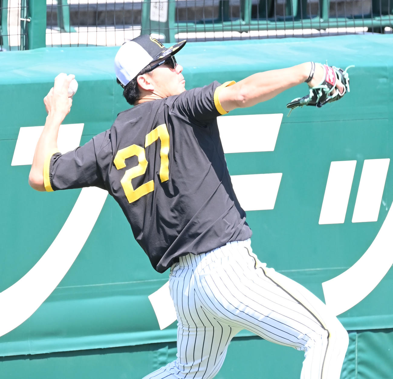 甲子園球場でキャッチボールする阪神伊藤将（撮影・和賀正仁）