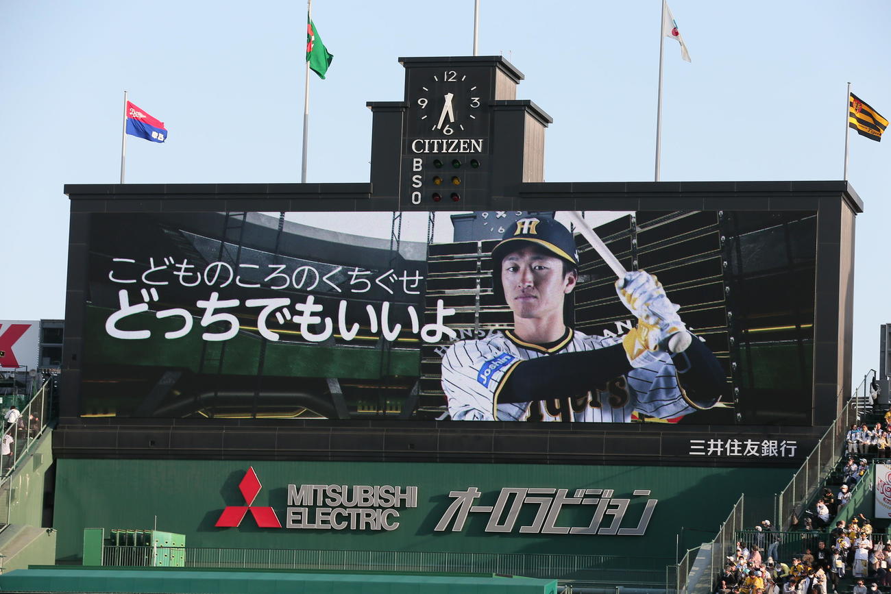 阪神対中日　大型ビジョンで披露された阪神近本のこどものころのくちぐせ（撮影・上山淳一）