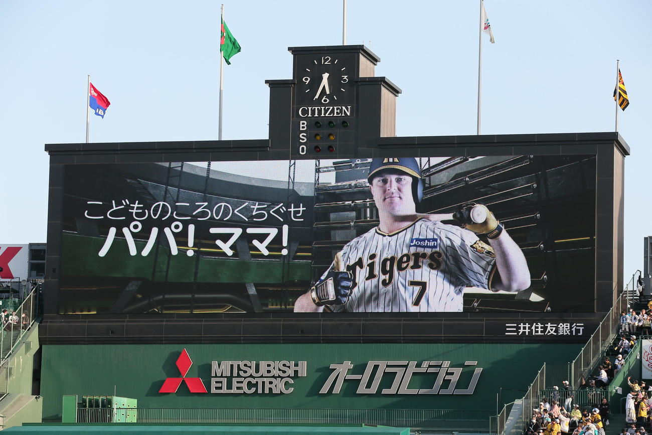阪神対中日　大型ビジョンで披露された阪神ノイジーのこどものころのくちぐせ（撮影・上山淳一）
