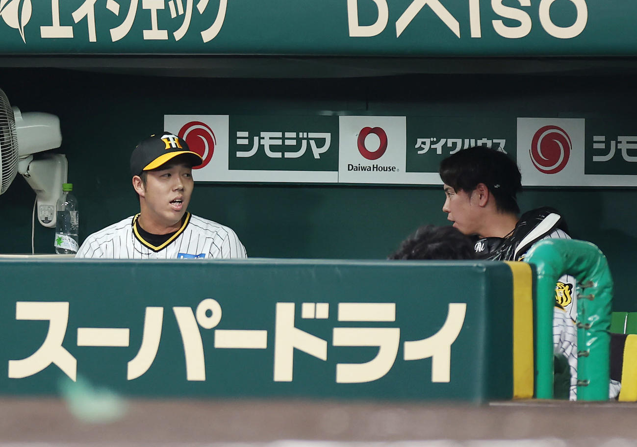 阪神対中日　3回表を投げ終え、ベンチで話し合う阪神青柳（左）と梅野（撮影・前田充）