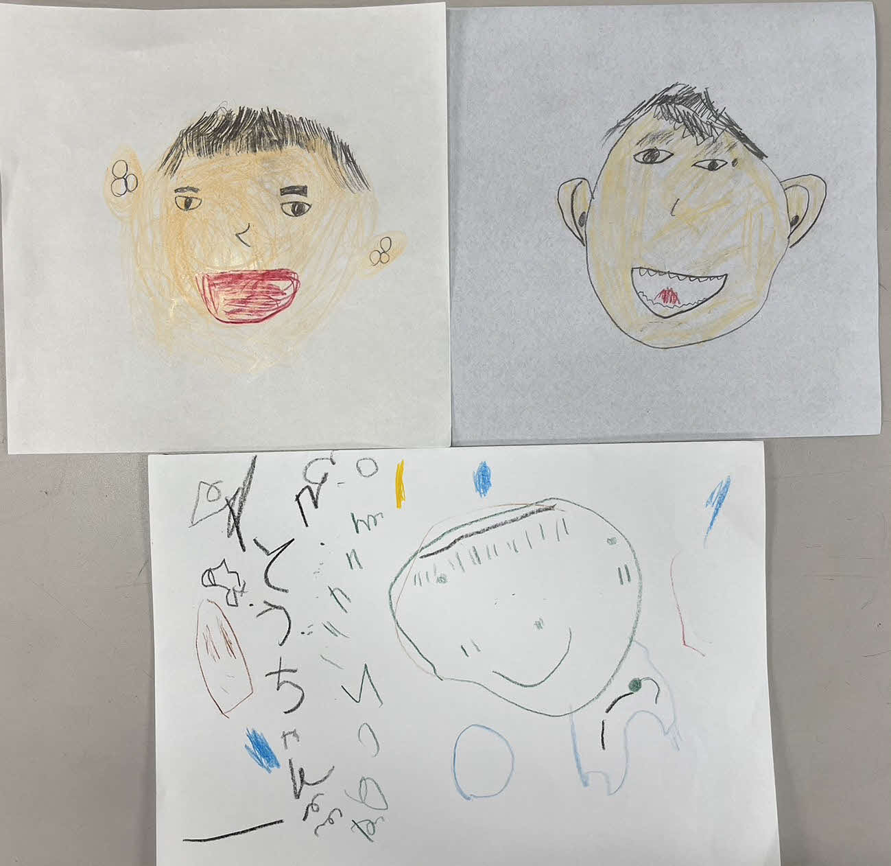 ソフトバンク森唯斗投手のこども3人が描いた森。左上は7歳長女、右上は5歳長男、下は3歳次女