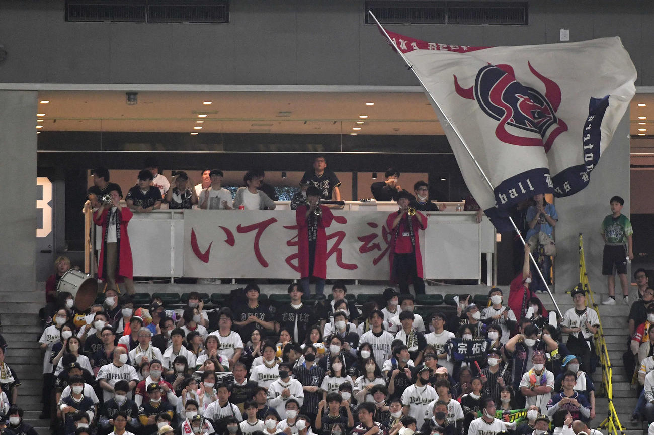 ソフトバンク対オリックス　「いてまえ魂」の文字を掲げて応援する左翼スタンドのオリックス応援団（撮影・岩下翔太）