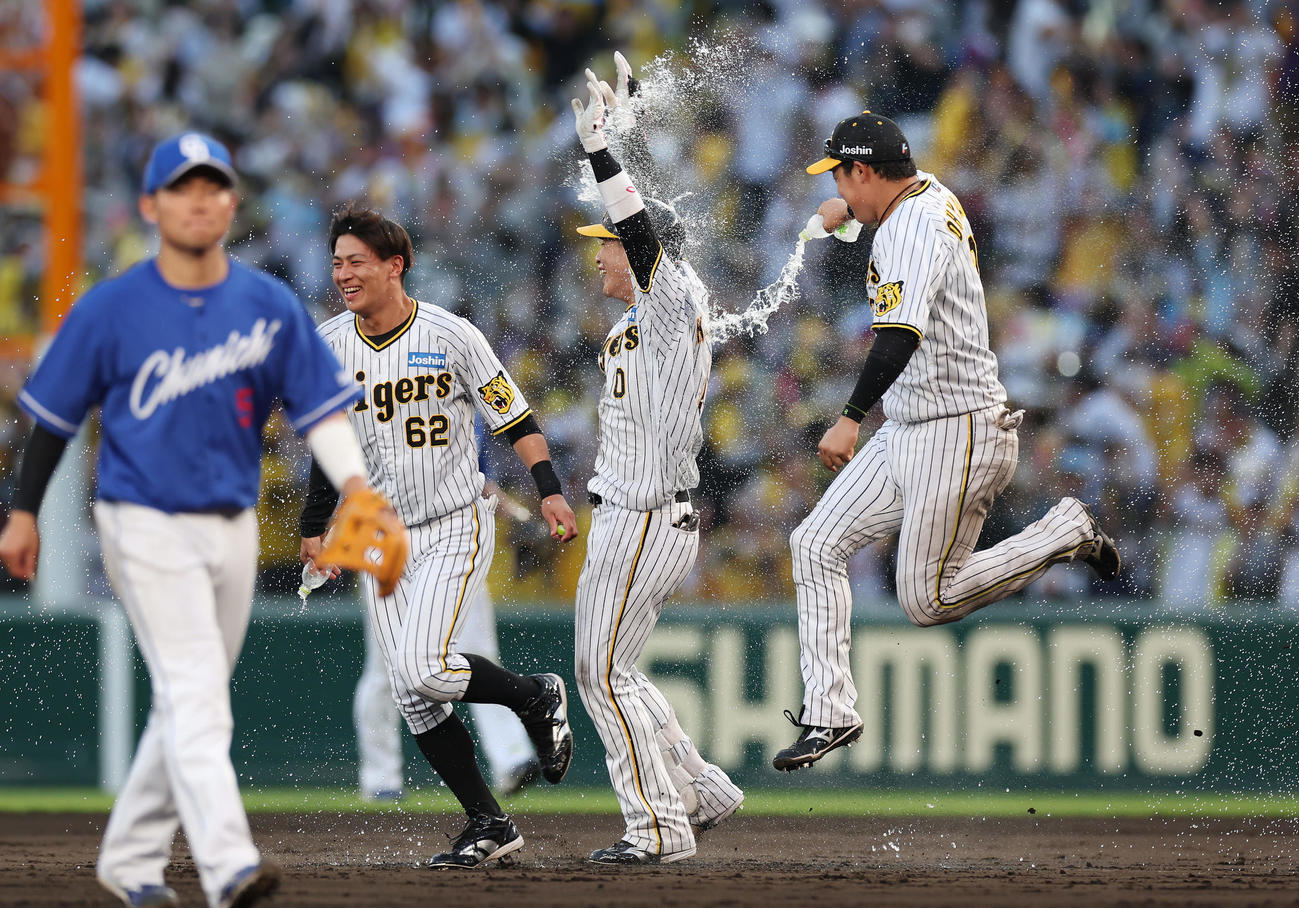 阪神対中日　9回裏阪神無死満塁、サヨナラ適時打を放ちナインに祝福される木浪（右から2人目）（撮影・前田充）