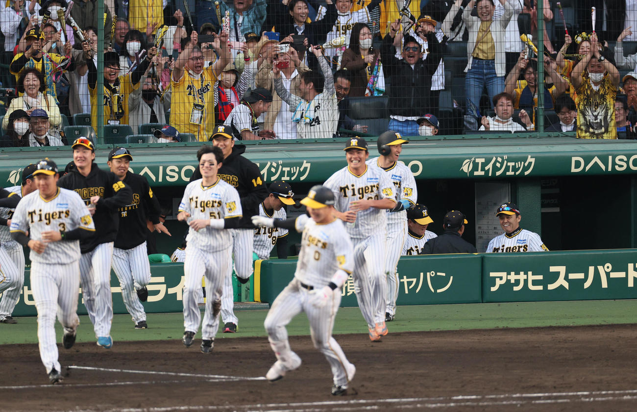 阪神対中日　9回裏阪神無死、岡田監督（右）は木浪（手前）のサヨナラ右前適時打で喜ぶ（撮影・上山淳一）