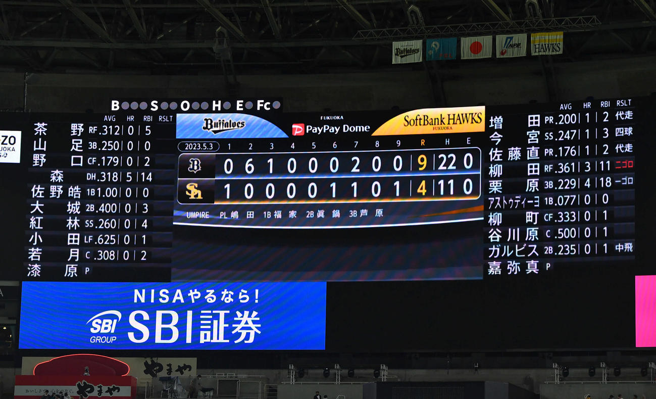 ソフトバンク対オリックス　オリックスの22安打9得点を表示するスコアボード（撮影・岩下翔太）