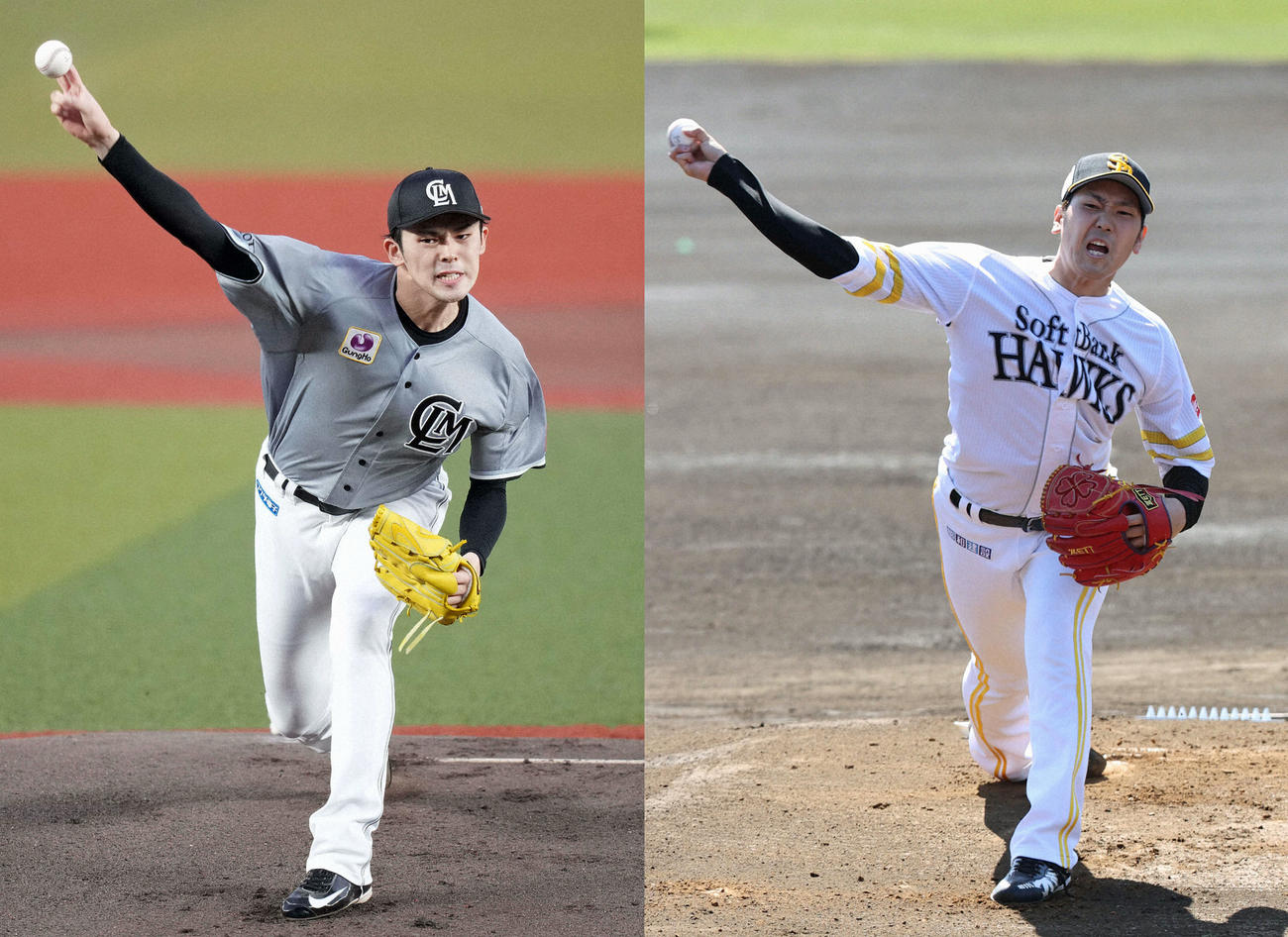 ロッテ佐々木朗希（左）とソフトバンク石川柊太