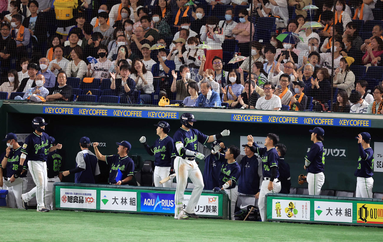 巨人対ヤクルト　7回表ヤクルト1死一塁、村上（中央）は右越え2点本塁打を放ち、ナインとハイタッチ（撮影・浅見桂子）