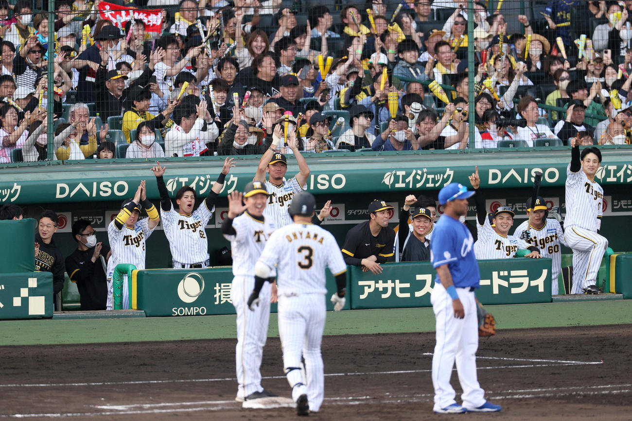 阪神対中日　8回裏阪神2死一、三塁、大山（手前）が同点左前適時打を放ち盛り上がる阪神ナイン（撮影・上山淳一）
