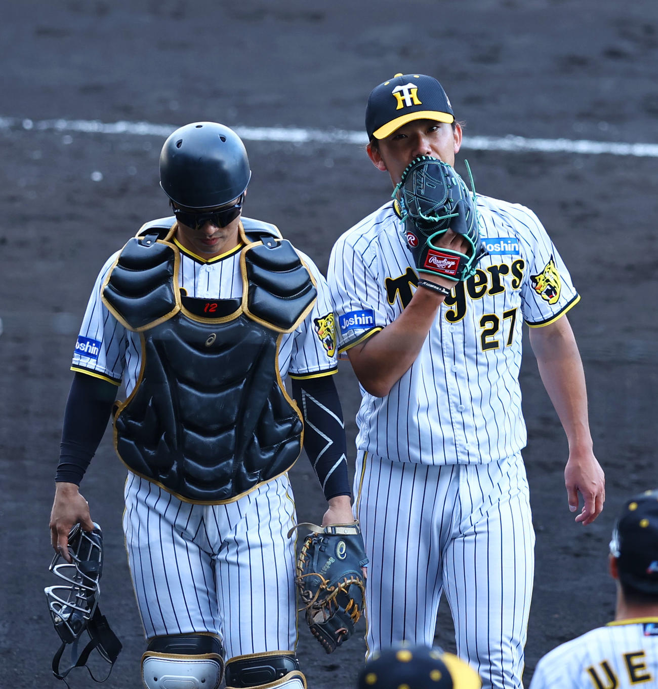 阪神対中日　6回表を終えのベンチに戻る阪神伊藤将（右）と捕手坂本（撮影・藤尾明華）