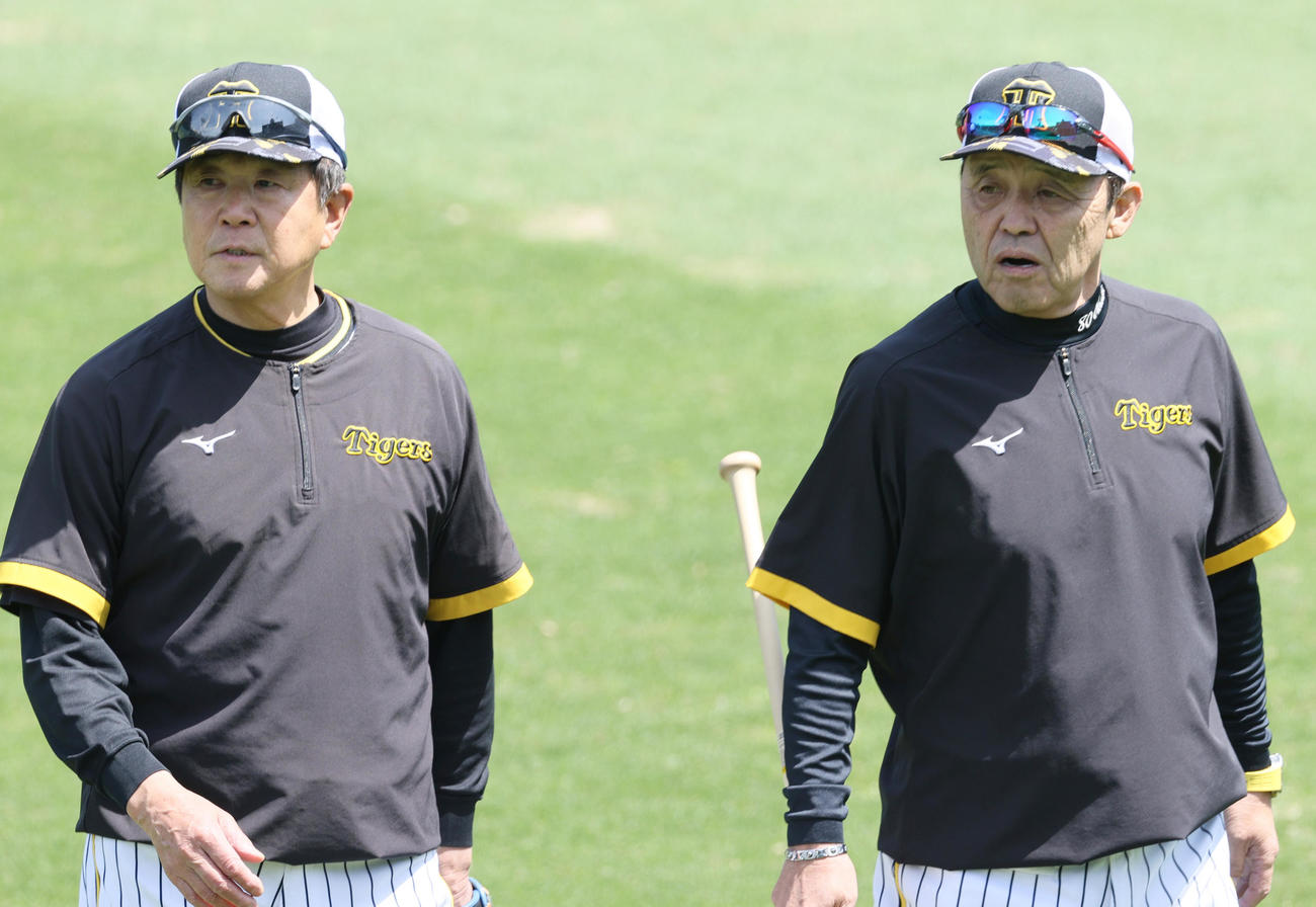 阪神対中日　試合前練習を見守る阪神岡田監督（右）と平田ヘッドコーチ（撮影・上山淳一）