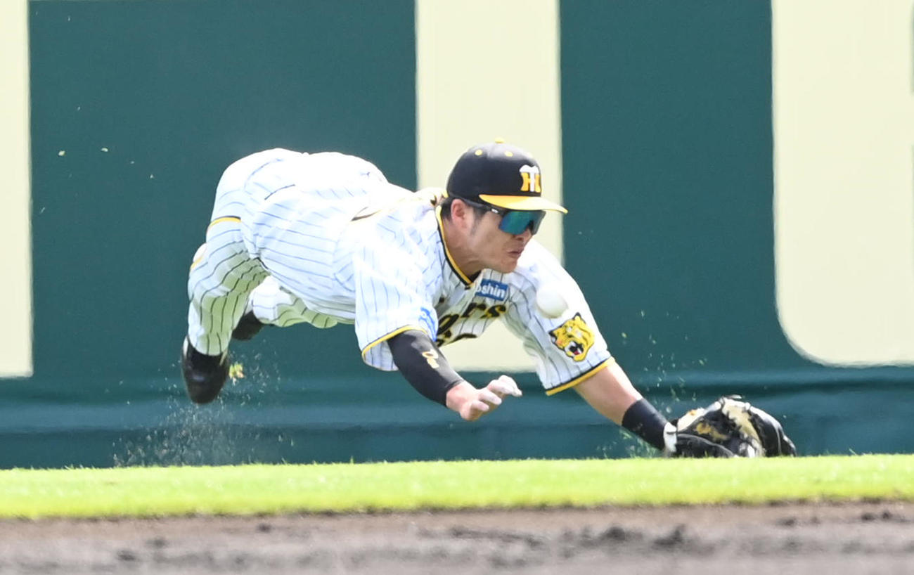 阪神対中日　2回表中日1死、ビシエドの打球に小野寺が飛び込むも右前打となる（撮影・前岡正明）