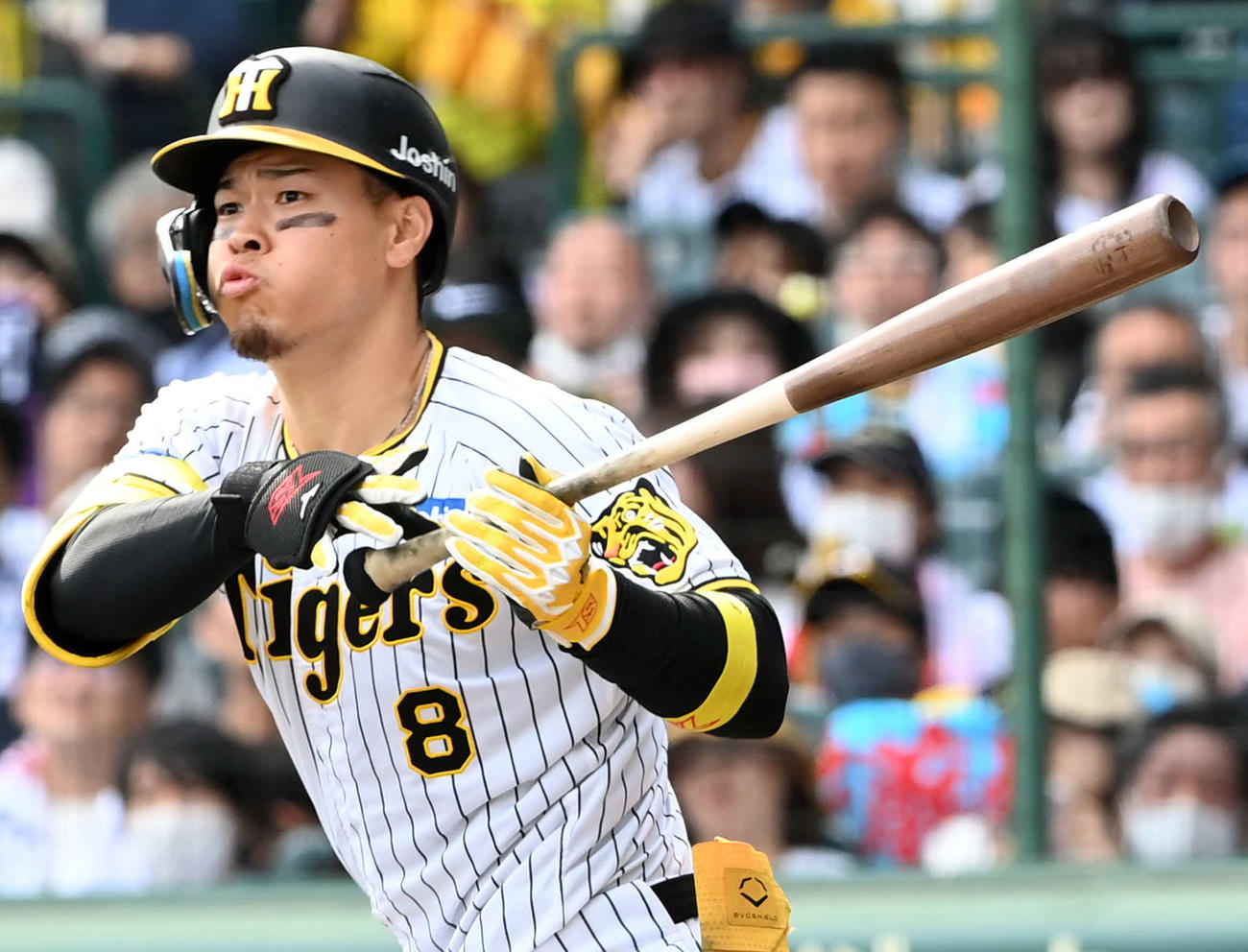 阪神対中日　4回裏阪神2死、佐藤輝は三塁ゴロに倒れる（撮影・前岡正明）