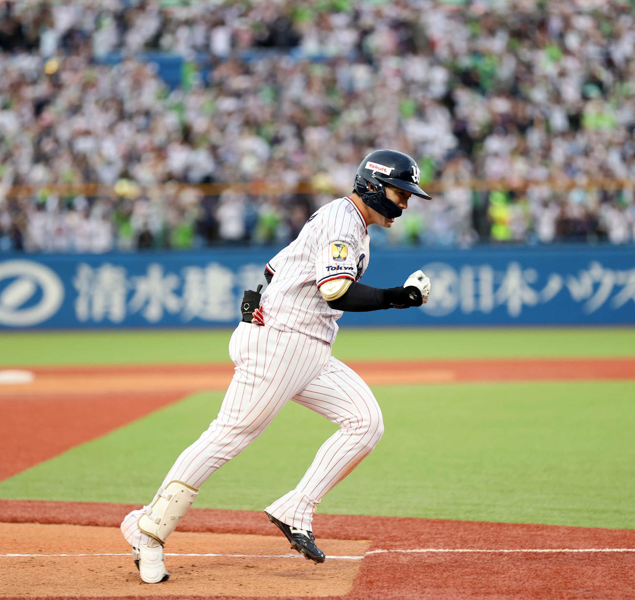 ヤクルト対DeNA 9回裏ヤクルト2死一塁、長岡は右越えサヨナラ2点本塁打を放ちガッツポーズで三塁を回る（撮影・浅見桂子）