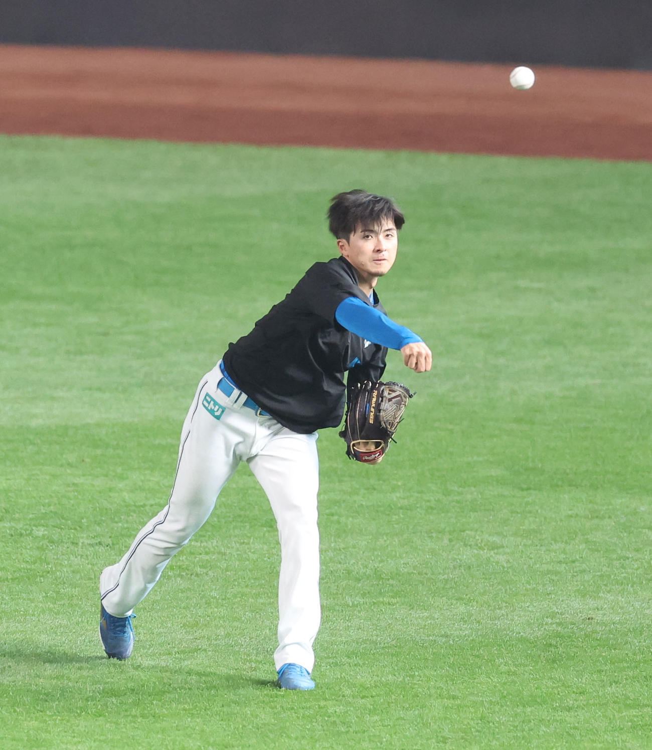 日本ハム対楽天　キャッチボールをする日本ハム上沢（撮影・佐藤翔太）