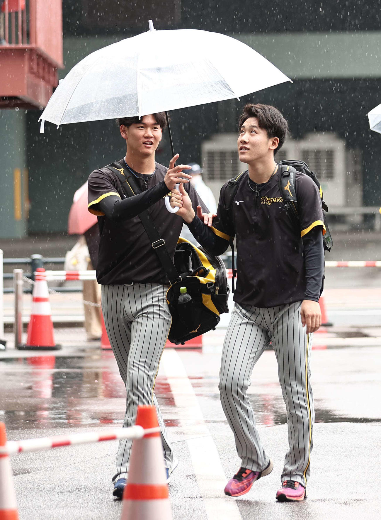 広島対阪神　雨の中、室内練習場に向かう富田（右）と及川（撮影・上田博志）
