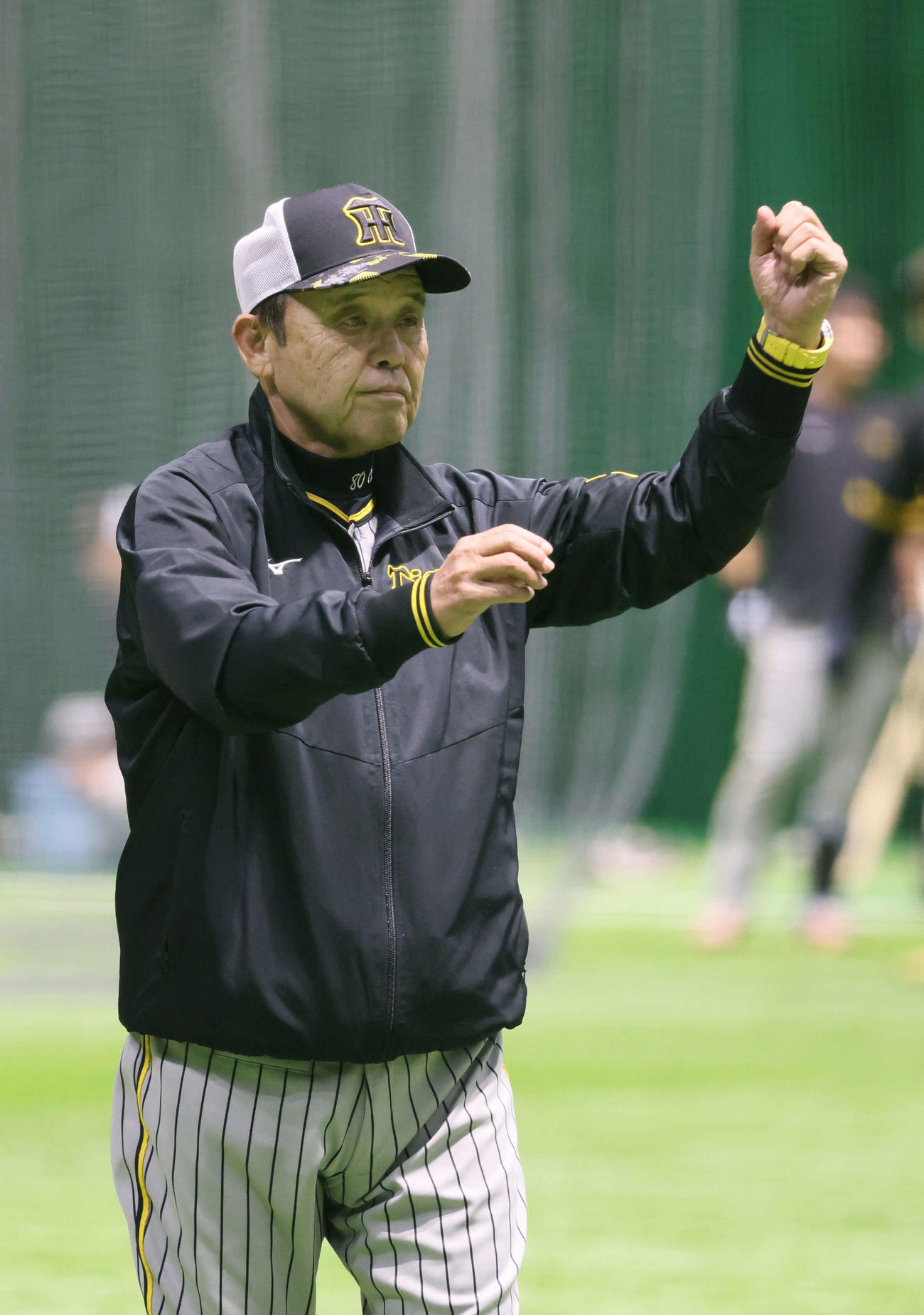 広島対阪神　練習を見守る阪神岡田監督（撮影・加藤孝規）