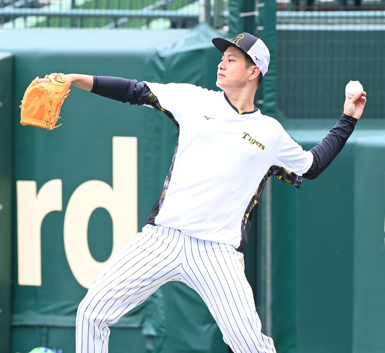 甲子園球場でキャッチボールする阪神大竹（撮影・和賀正仁）