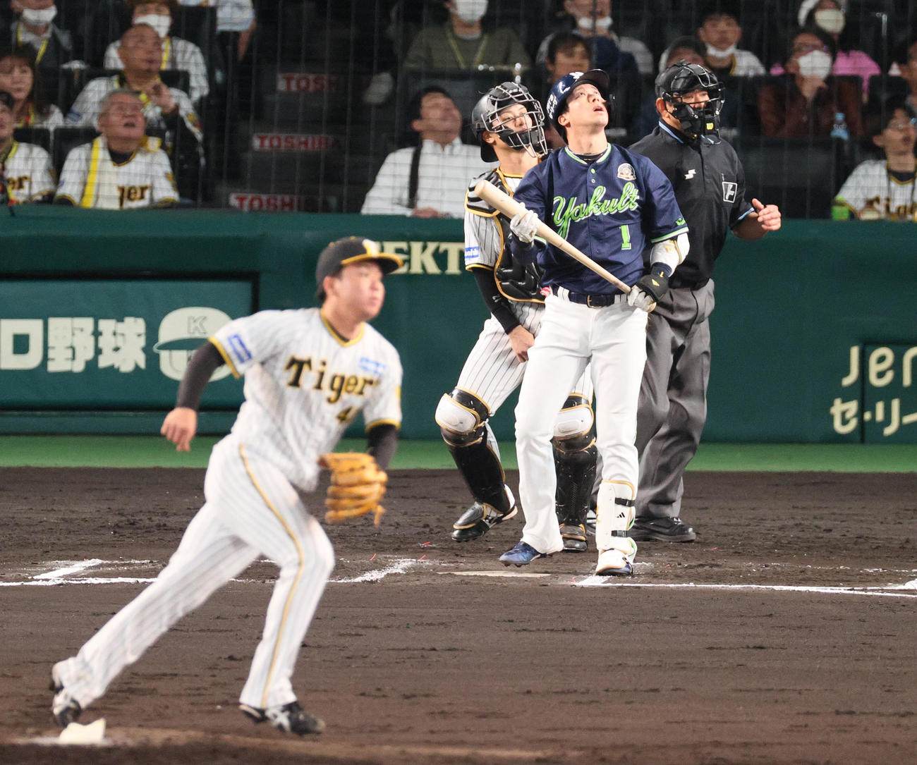 阪神対ヤクルト　6回表ヤクルト1死一塁、村上は山田を左邪飛に仕留める（撮影・上山淳一）