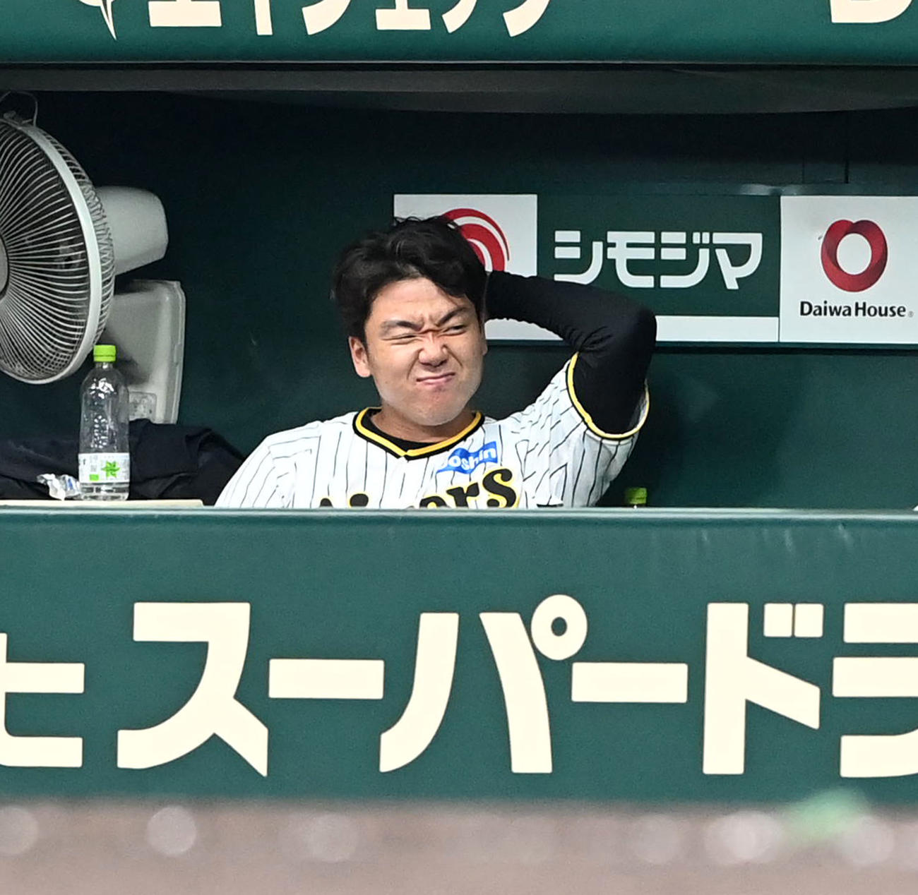 阪神対ヤクルト　7回、サンタナに左中間へ先制本塁打を打たれベンチでがっくりする村上（撮影・前岡正明）