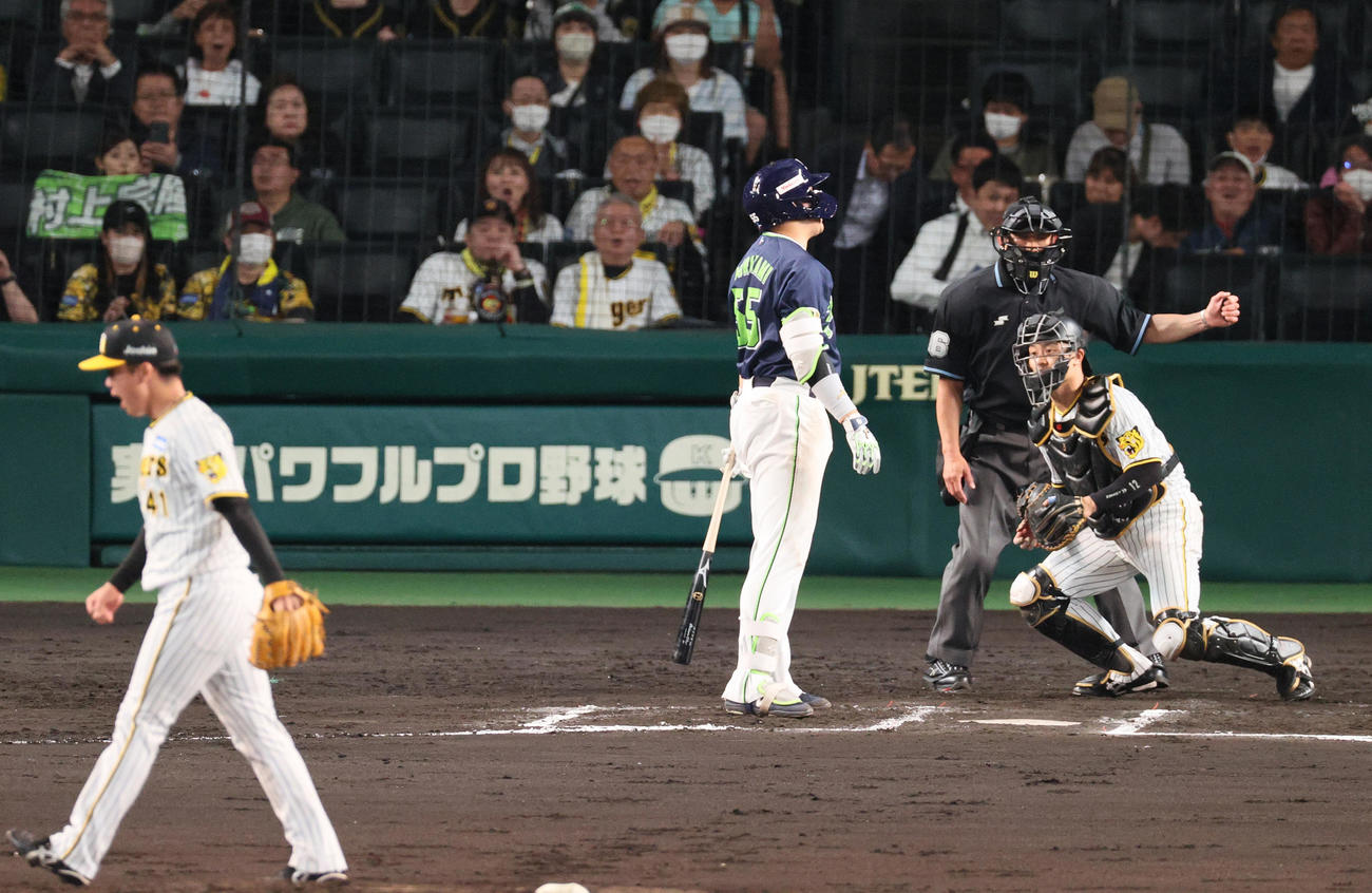 阪神対ヤクルト　6回表阪神2死一塁、村上は村上を見逃し三振に仕留める（撮影・上山淳一）