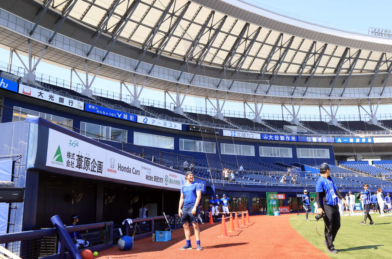 DeNA対巨人　試合前、ハードオフエコスタジアム新潟のグラウンドに出て見渡すDeNAバウアー（撮影・浅見桂子）