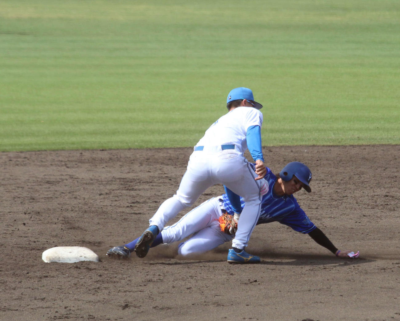 日本ハム対DeNA 5回表DeNA2死一塁　二盗を狙ったDeNA村川をタッチアウトにする日本ハム加藤豪（撮影・木下大輔）