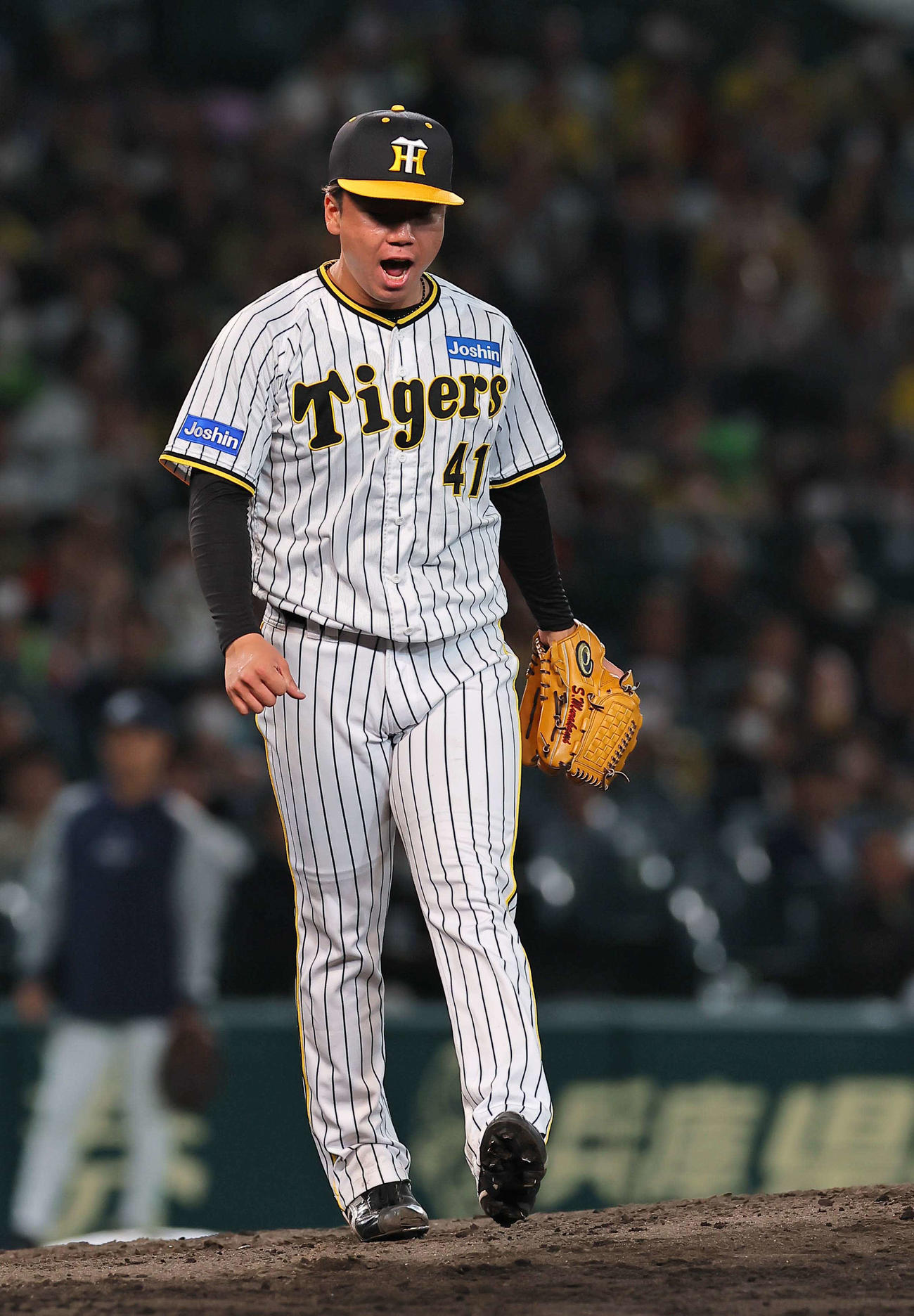 阪神対ヤクルト　6回表ヤクルト2死一塁、村上頌樹は村上宗隆から三振を奪い雄たけびをあげる（撮影・上田博志）