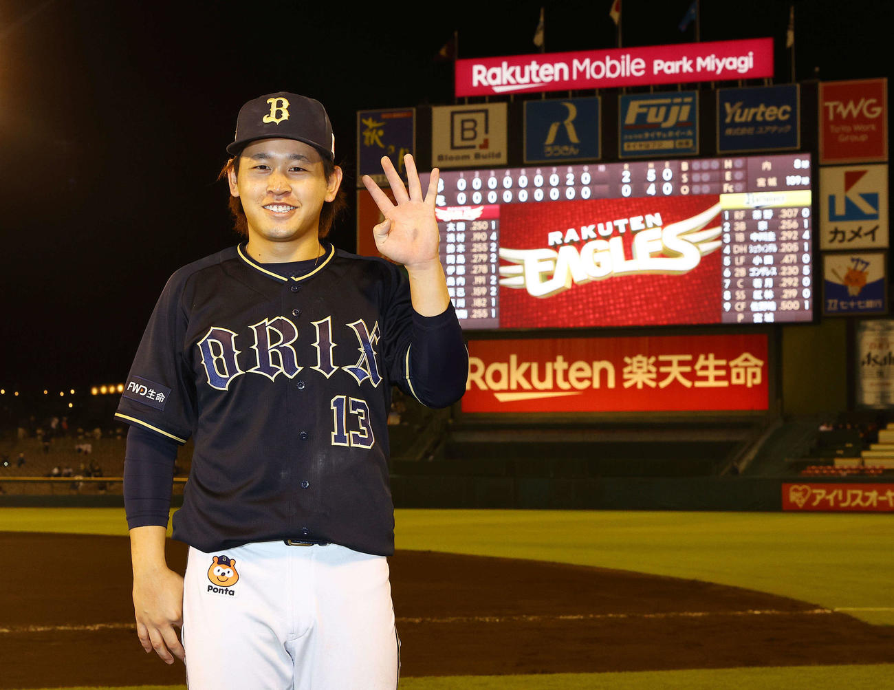 楽天対オリックス　楽天に完封勝利で4勝目を挙げたオリックス宮城は笑顔で写真に納まる（撮影・垰建太）
