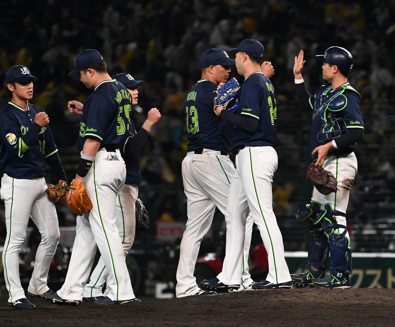阪神に勝利し喜ぶヤクルトナイン（撮影・石井愛子）