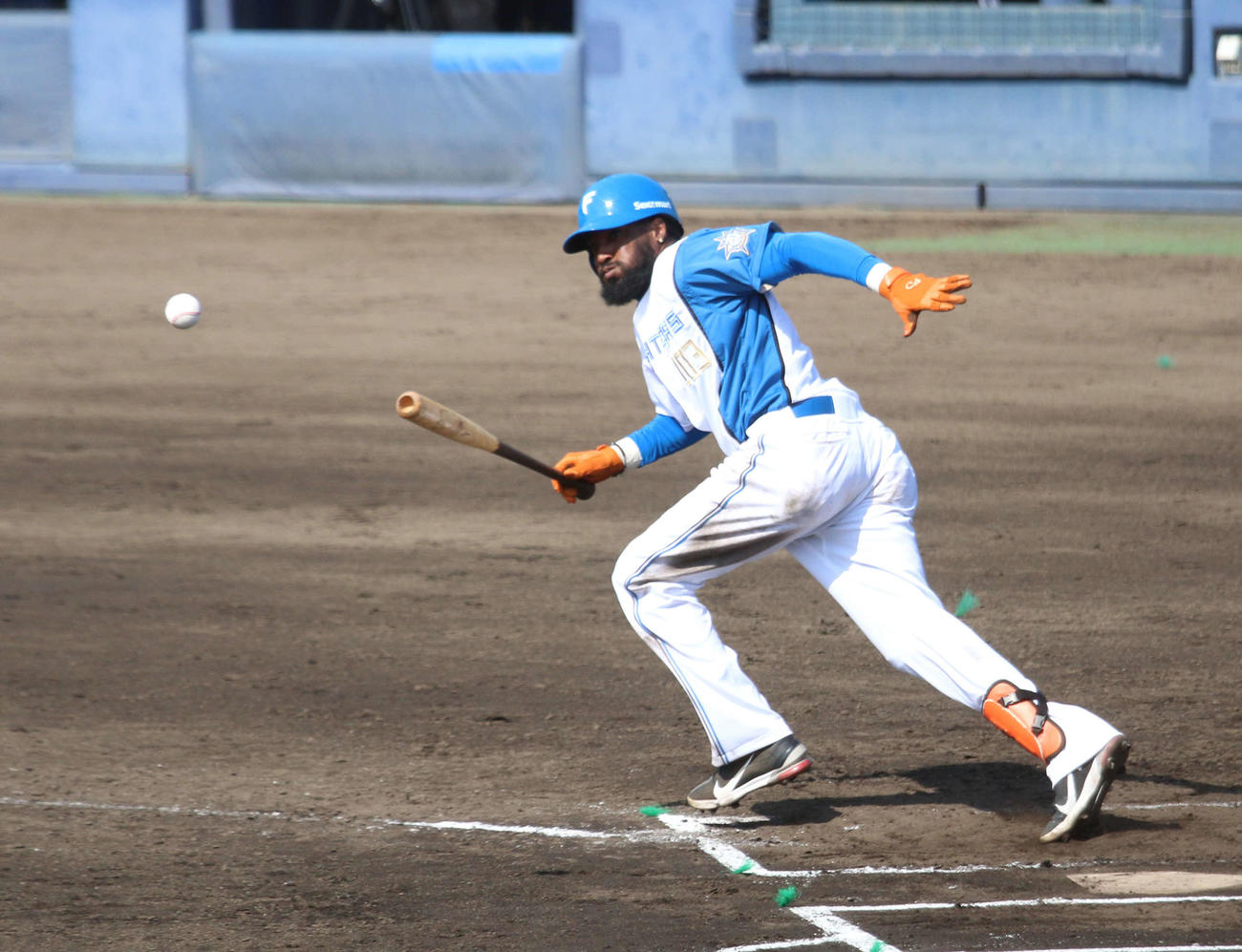 日本ハム対DeNA 6回裏日本ハム無死一塁　セーフティーバントで投前に安打を放った日本ハム・ハンソン（撮影・木下大輔）