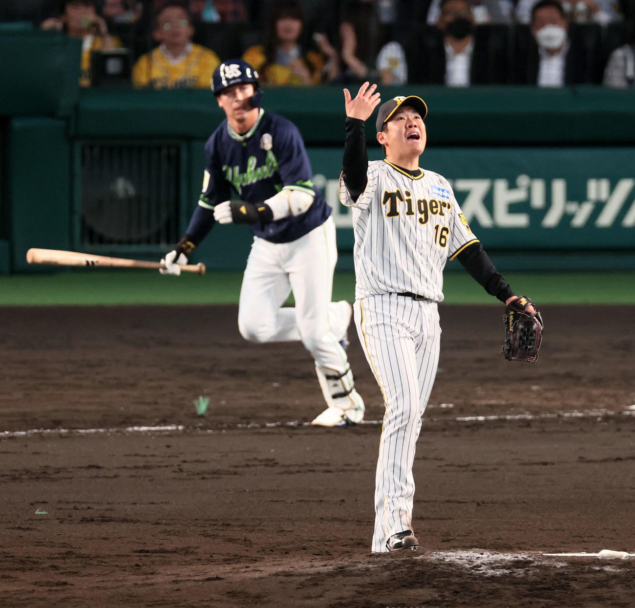 阪神対ヤクルト　4回表ヤクルト1死、山田の飛球でマウンドから野手へ指示を送る阪神西勇（撮影・加藤哉）