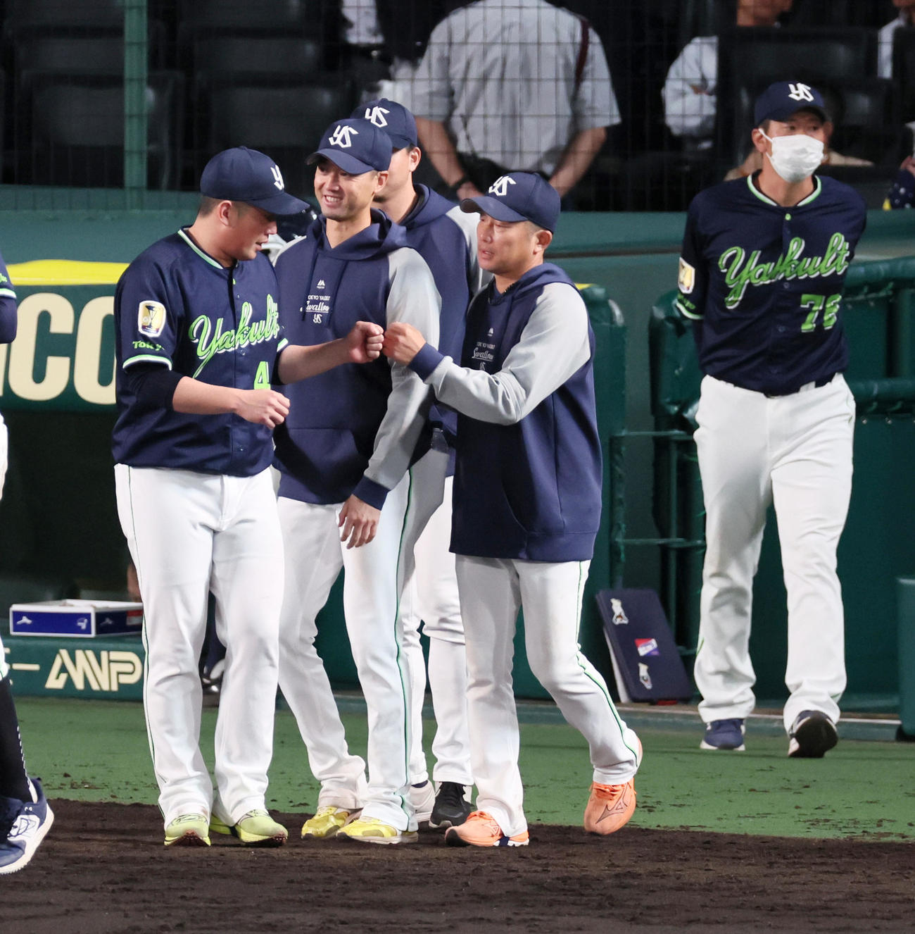 阪神対ヤクルト　阪神に勝利しナインとタッチする石川（撮影・加藤哉）