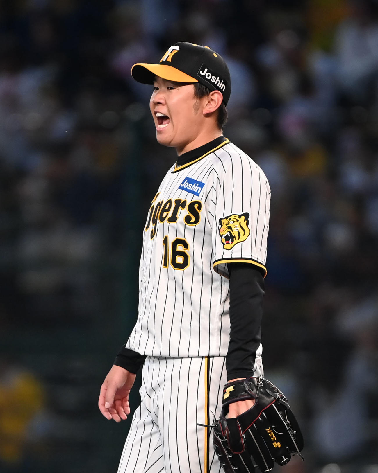 阪神対ヤクルト　4回表、投球前に声を出す西勇（撮影・石井愛子）