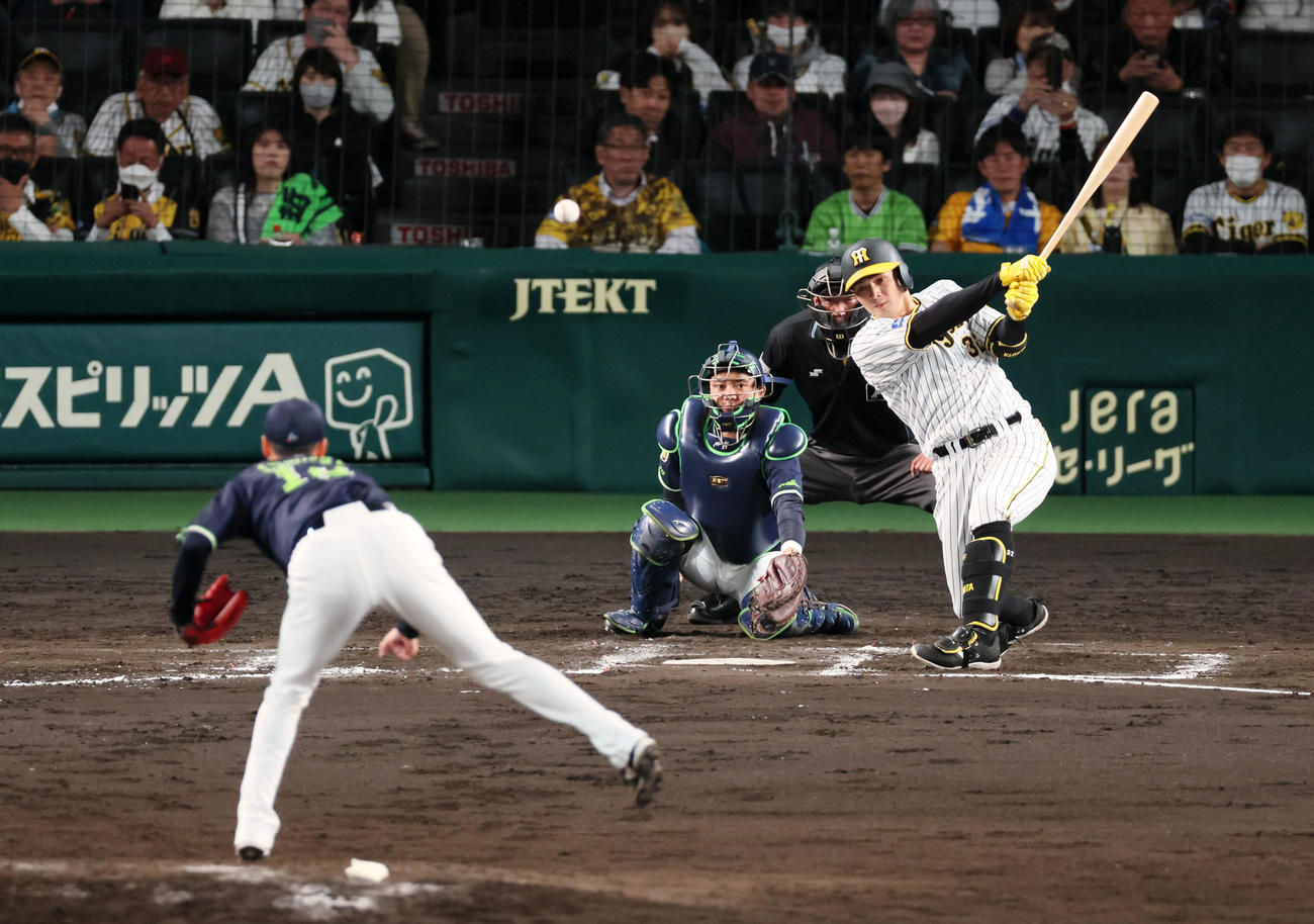 阪神対ヤクルト　7回裏阪神1死、中前打を放つ井上。投手は石山（撮影・加藤哉）